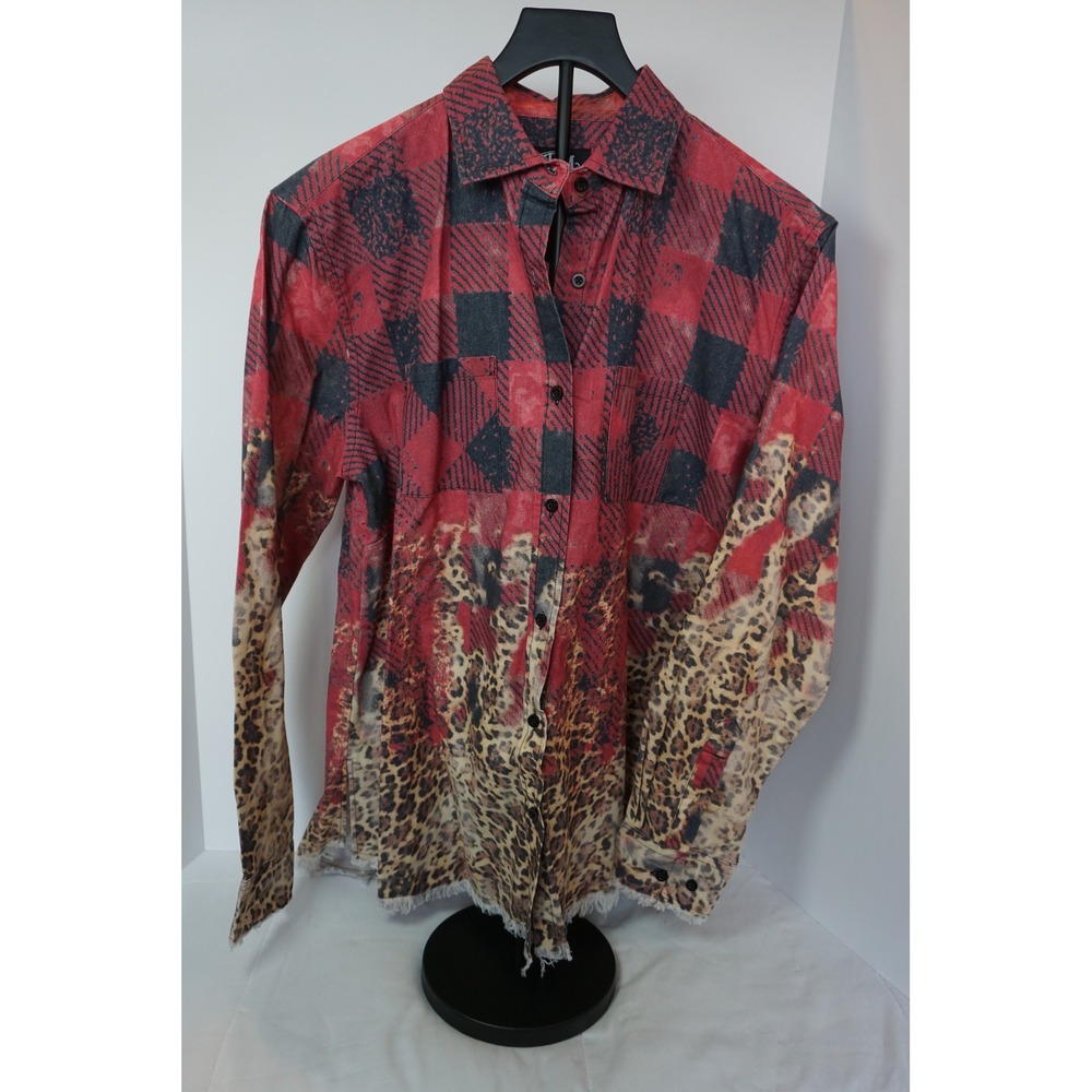 One 24 Rags Womens Large Red Plaid Leopard Print Acid Wash Frayed Hem Shirt